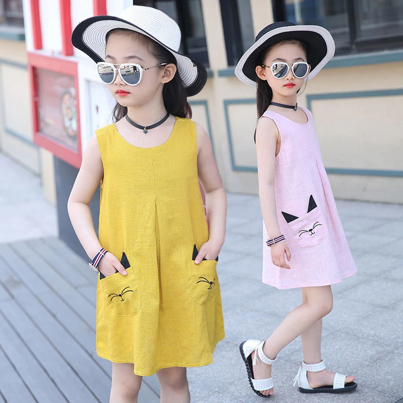 

Children Clothing From 2 To 7 Years Summer Little Girls Baby Vest Dresses Kid Cartoon Anime Cat Print Pocket Casual Short Skirts