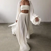 women outfit solid color long sleeve cardigan tube top wide leg pants three pieces set tracksuit for party
