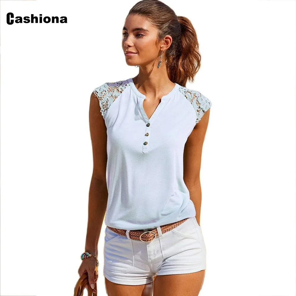 

2021 Summer New Patchwork Lace Tops Women Elegant Sleeveless T-Shirt Casual Pullovers Ladies Single-Breasted Tees Shirt Femme