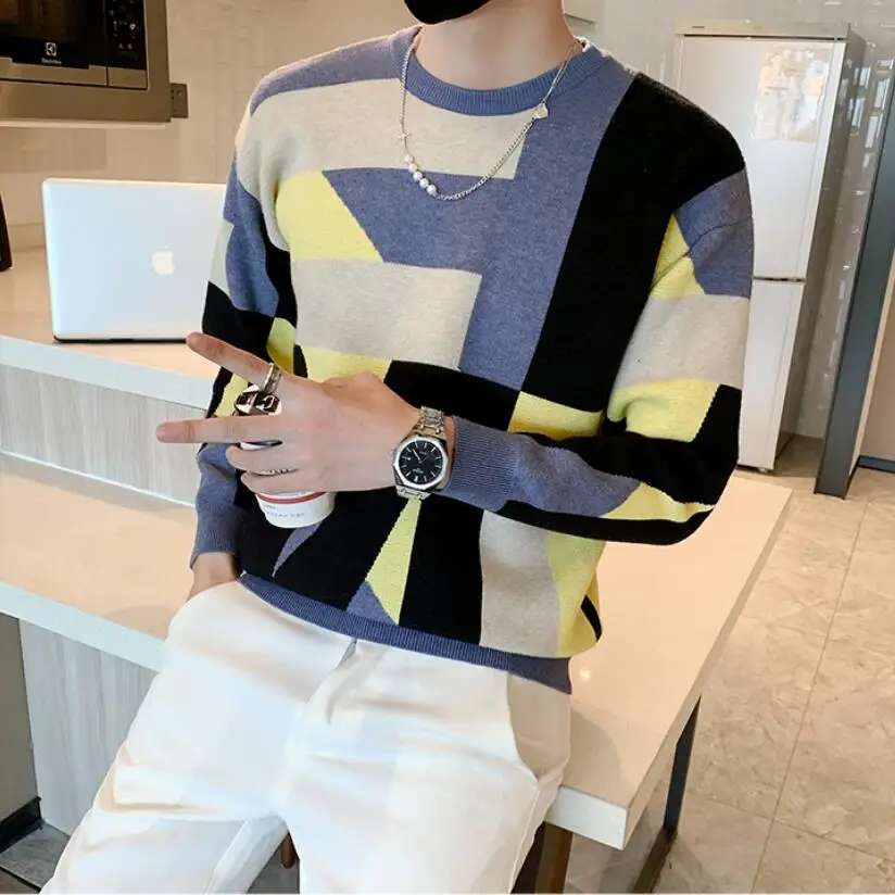 

Мужской вязаный свитер с узором ромбиками, теплый толстый пуловер, повседневный свободный джемпер, зима