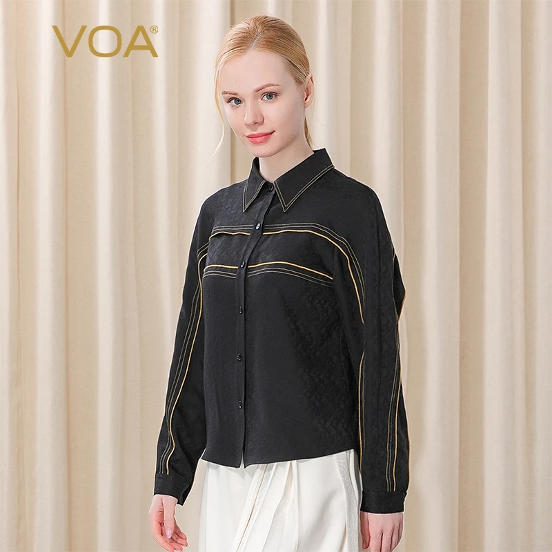 

VOA Trimmed Lapel Yellow Line Long Sleeve Women Tops Single-breasted 22m/m Jacquard Pure Mulberry Silk Autumn Black Shirt BE265