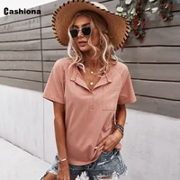 women turn down collar tees shirt casual pullovers pink black ladies t shirt 2021 summer new patchwork buttons female tops