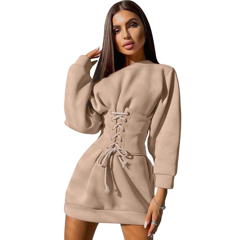 

Sweatshirt Dresses For Women Sexy Slash Neck Eyelet Lace Up Corset Outfits Autumn New Solid Loose Streetwear Short Dress Vestido