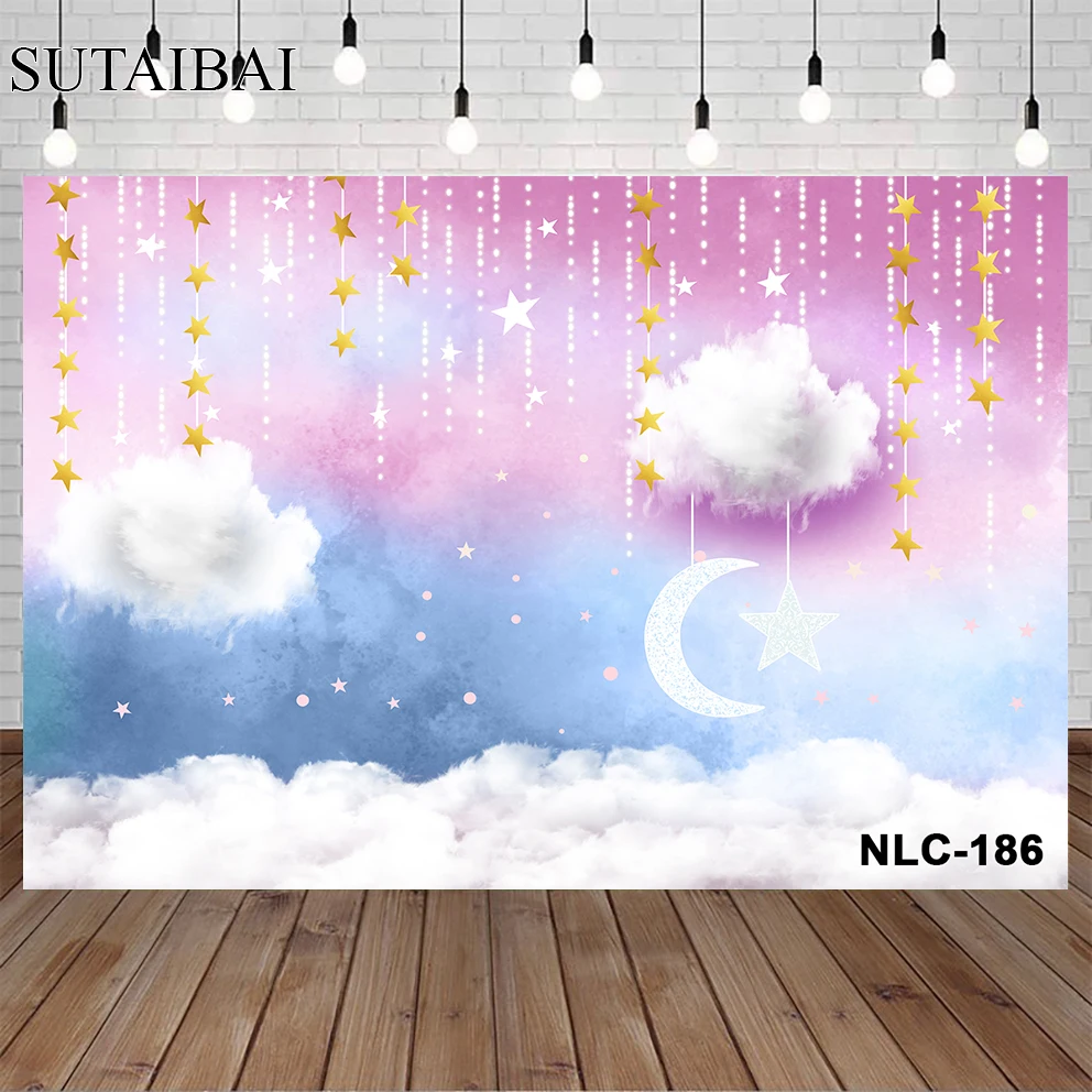 Newborn Birthday Photo Background Banner Stars Clouds Moon Baby Shower Photo Cake Smash Kid Backdrop 1st Birthday Party Banner