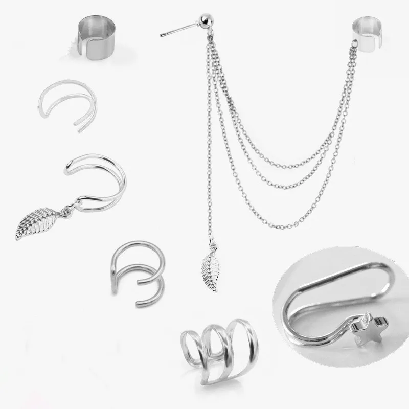 

Stainless Steel Leaf Ear Cuffs Set Non Pierced Ear Helix Earring Lot Clip On Cartilage Earring Clip Ear Cuff Chain Set For Women