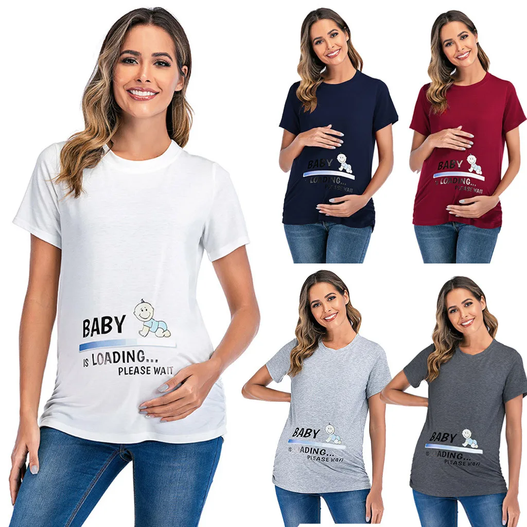 

LONSANT Maternity T-shirt Blouse letters cartoon Printed Round Neck Short Sleeve Loose Pregnant Tops women Clothes drop ship new