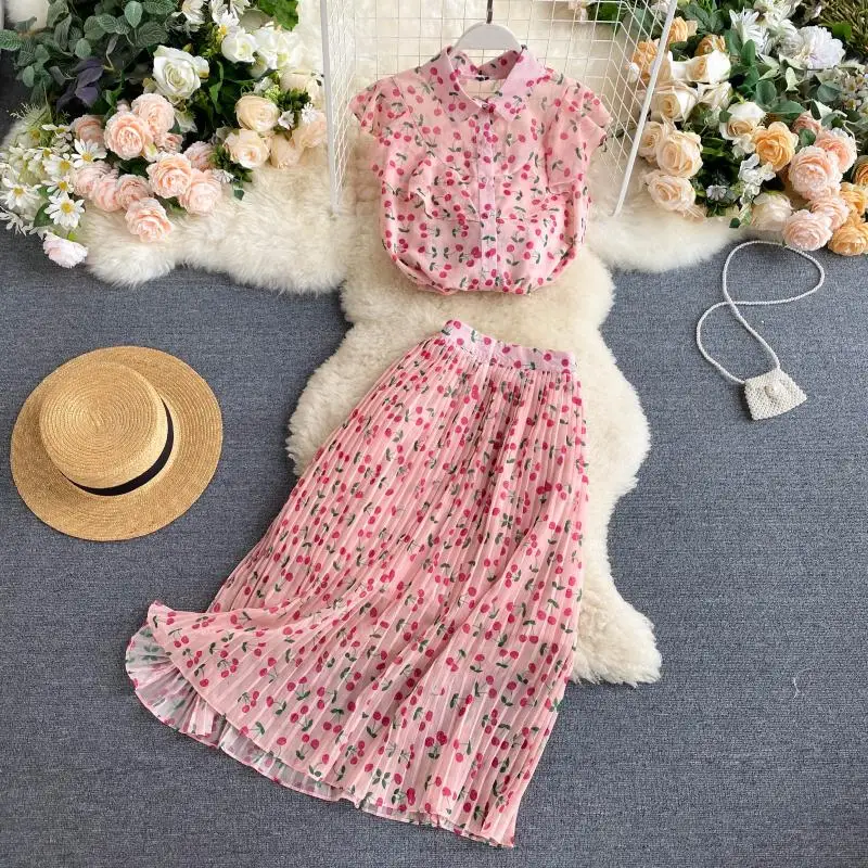 

Женское шифоновое платье с клубничным принтом, модельное Плиссированное пляжное платье из 2 предметов с высокой талией, весна-лето TB1752