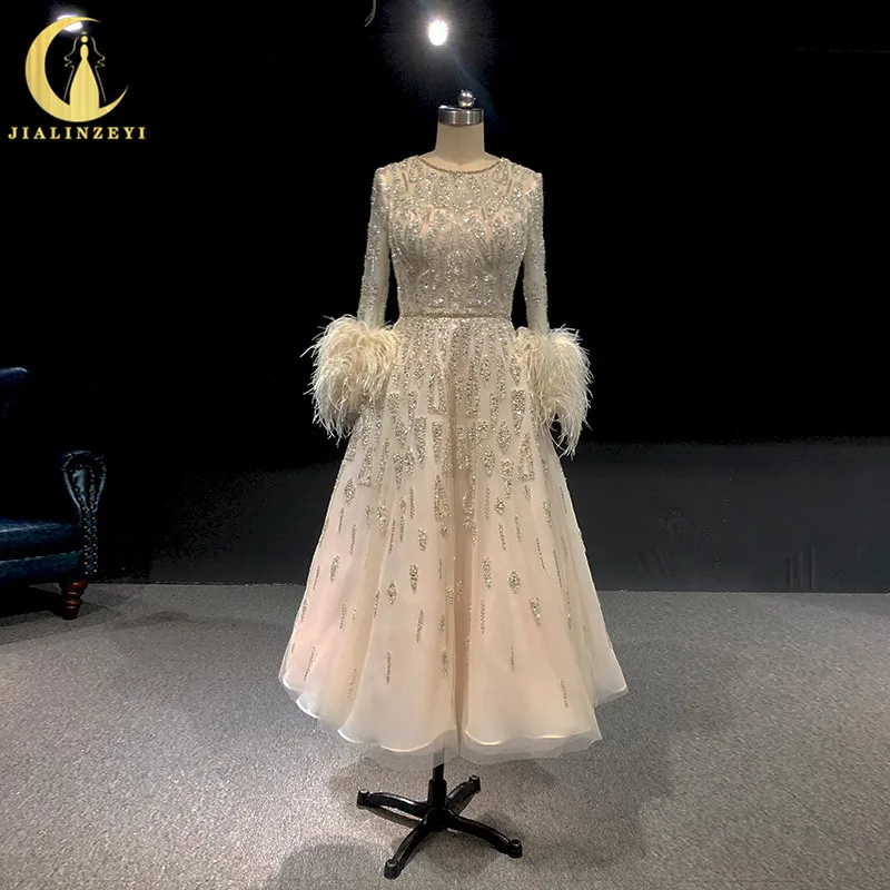 

2102 Rhine Chmapgne Long Sleeves Beads Feathers Tea Length robe de soirée de mariage dress women evening dress formal dresses