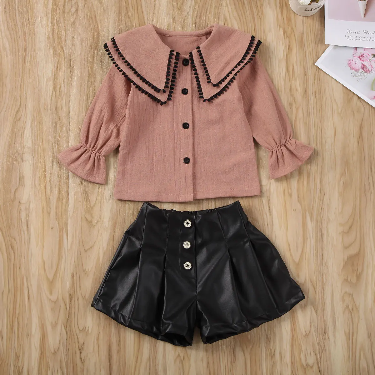 

Toddler Kids Baby Girl Autumn Clothes Tassel Tops Shirt+Leather Shorts Outfits Fashion Child Girl Clothing Set