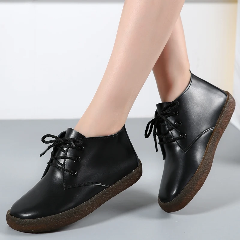 2019 г. зимние женские ботильоны сапоги на плоской подошве кожаные мотоциклетные