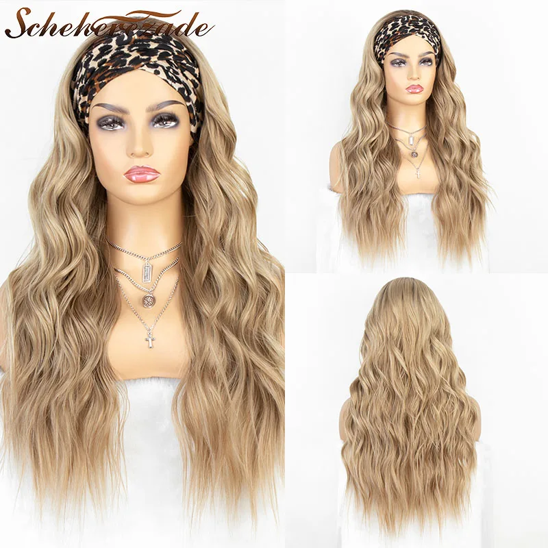 

Scheherezade Long Wavy Headband Wigs Heat Resistant Fiber Light Brown Synthetic Hair Wigs Full Machine Made Wigs For Black Women