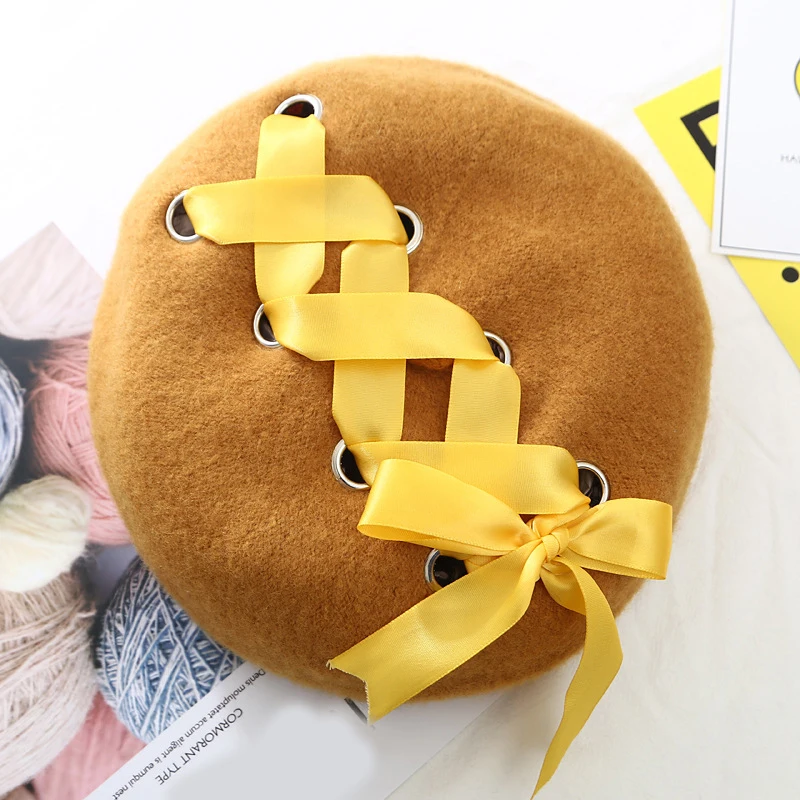 Женский зимний шерстяной берет со шнуровкой и бантиками винтажная теплая