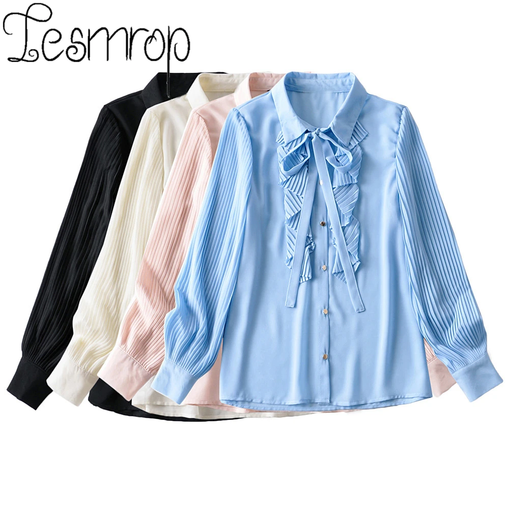 

LESMROP 2021 ZA Women New Summer Lapel Ruffled Folds Long Sleeve Shirts Casual Blouse Tank Tops Fashion Haut Femme LP69ST6323