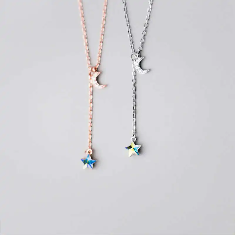 

PONYKISS Trendy S925 Sterling silver Stars and Moon Zircon Pendant Necklace Women Party Fine Jewelry Accessory Minimlist Gift