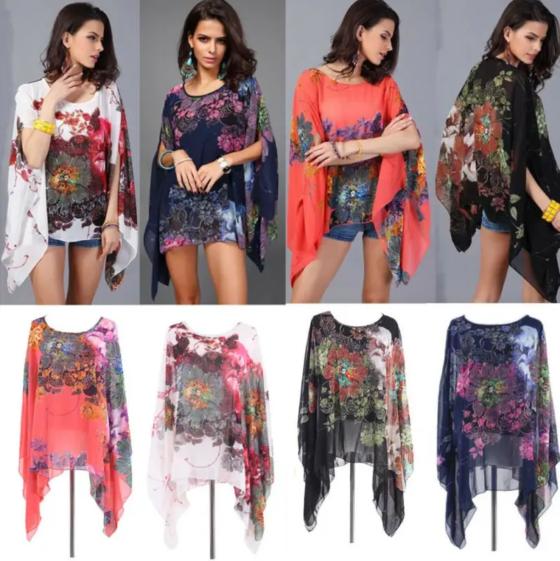 Женская Свободная шифоновая шаль блузка в стиле бохо с рукавами летучая мышь
