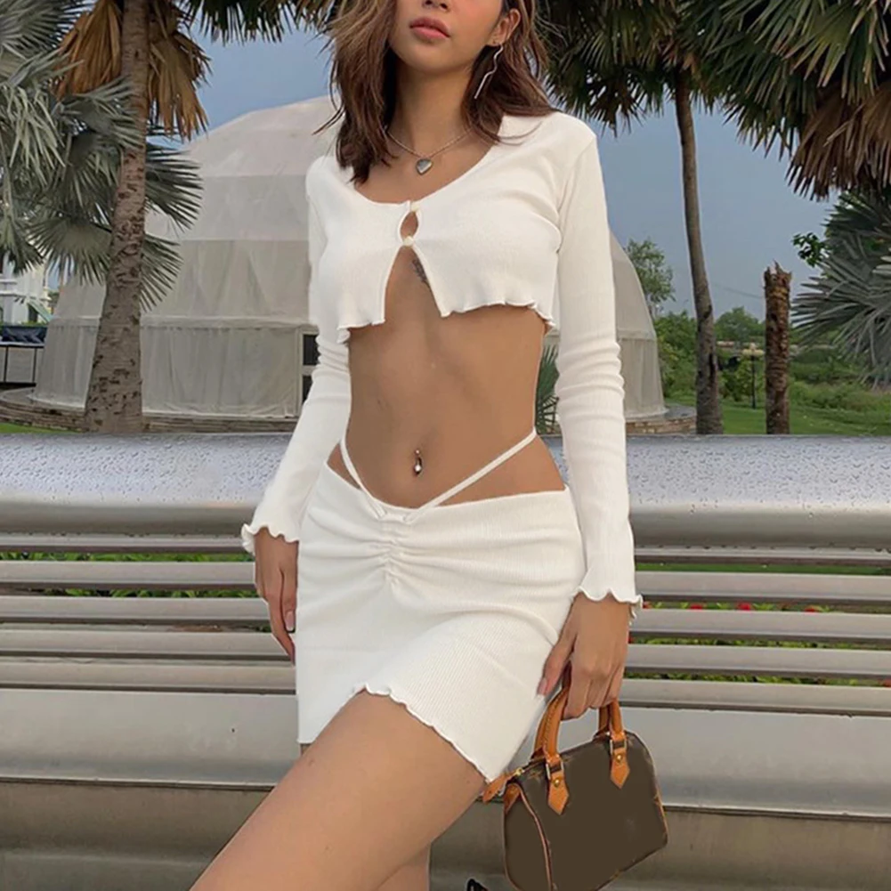 

YiYiMiYu Bandage Crop Ruffles Backless Sexy Two Piece Set Summer Dress Women Party Thread Beach Mini Ladies Robe Vestidos