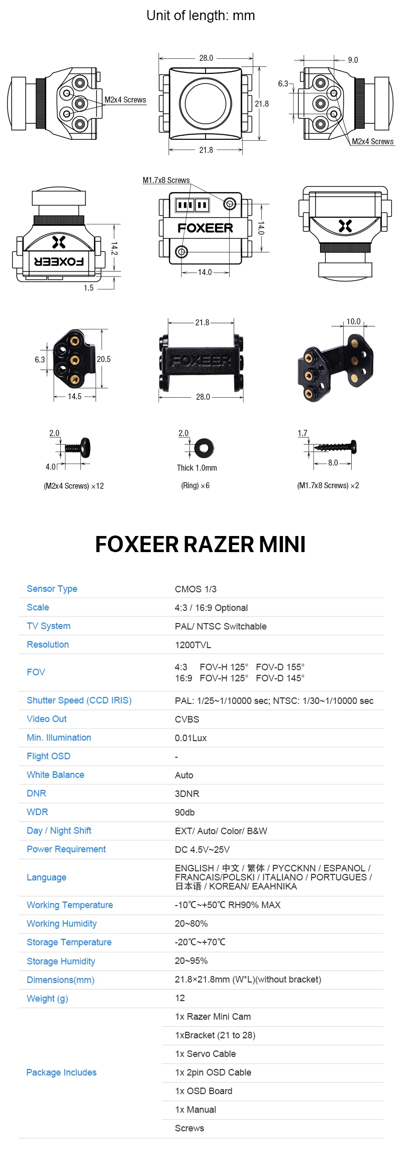 Новое поступление Foxeer razer Mini 1200TVL FPV камера 5MP 2,1 мм M12 объектив 16:9/4:3 PAL/NTSC переключаемый CMOS 1/3 4,5-25 в для дрона FPV