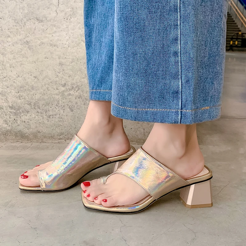

autuspin 2020 Summer Women Genuine Leather Thick Heels Slippers Female Casual Peep Toe Sandals for Women Party Wedding Pumps