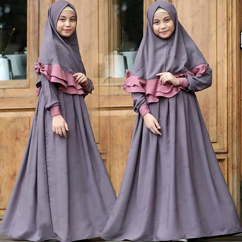 Kids Girls Abaya Muslim Dress Children Kaftan Robes Turkey Ramadan Dubai Hijab Caftan Marocain Scarf Islamic Clothing Headpiece |