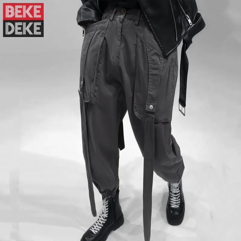 

Harajuku Mens Cargo Pants Loose Hip Hop Sweatpants Streetwear Button Casual Trousers Fashion Solid Black Gray Mens Harem Pants