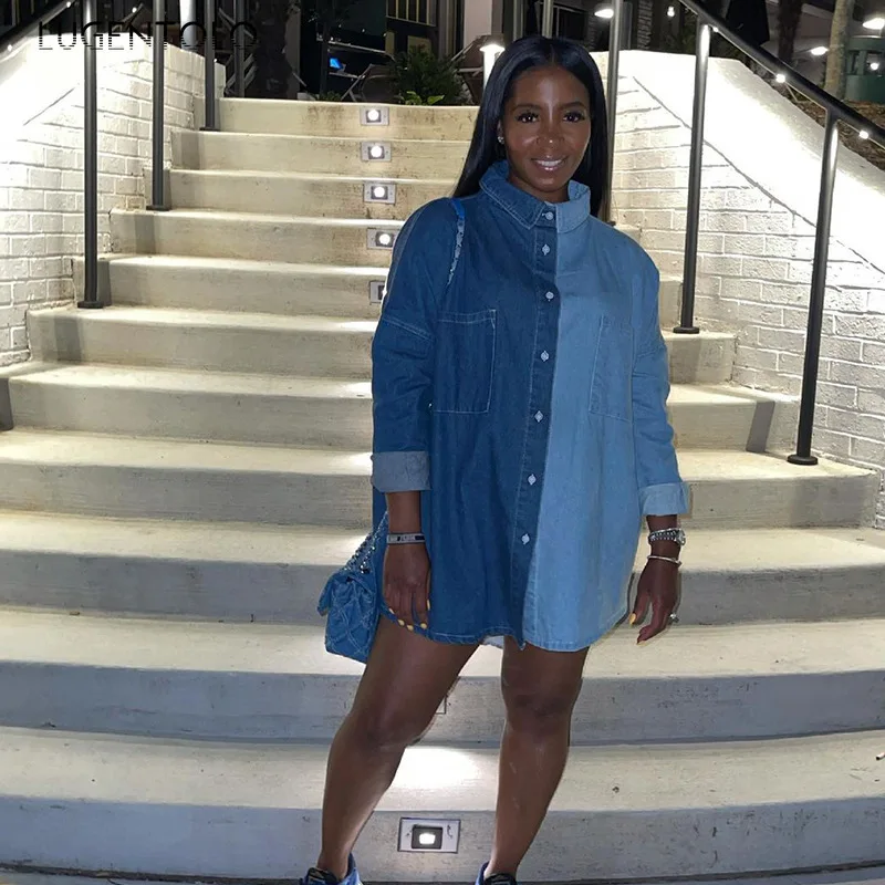 

Куртка Lugentolo женская джинсовая с длинным рукавом, свободная однобортная верхняя одежда с лацканами, комбинированная Повседневная Уличная о...