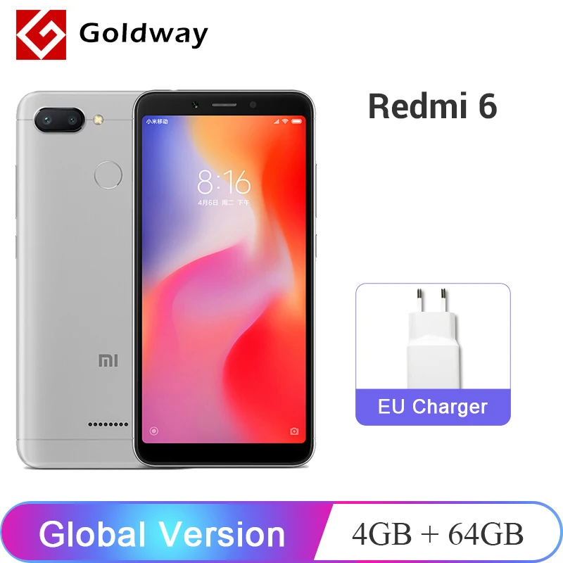 Xiaomi Redmi 6 с глобальной версией, 4 ГБ, 64 ГБ, смартфон Helio P22, четыре ядра, 5,45 дюйма, 18:9, полный экран, батарея 3000 мАч, двойная камера 12 МП
