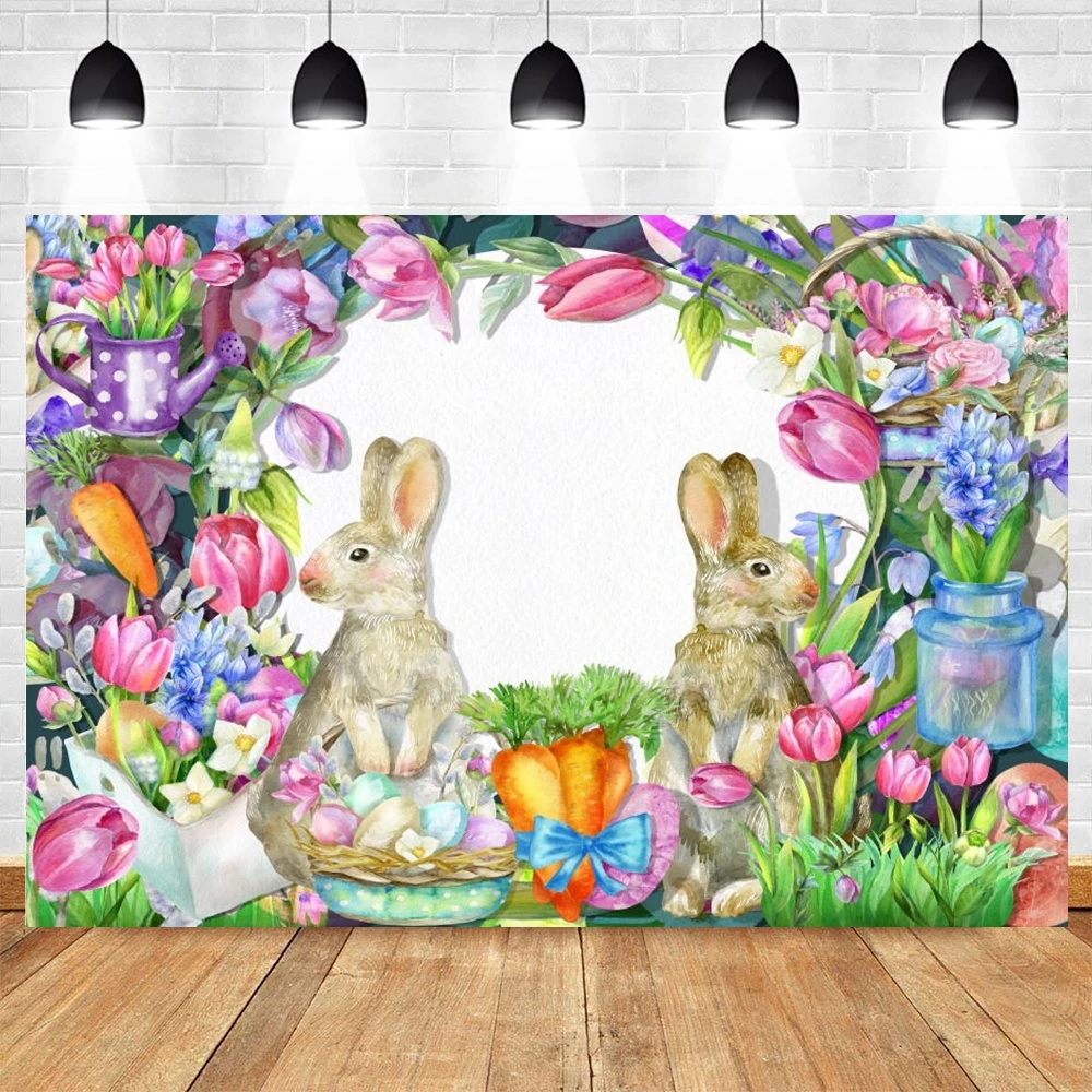 

Spring Easter Backdrop Eggs Rabbit Bunny Flower Floral Photography Background Party Baby Portrait Photo Booth Banner Photozone