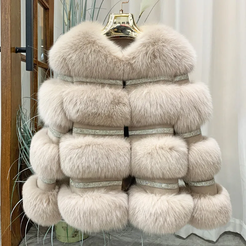 2022 New Fashion Real Fur Coat Winter Jacket Women Natural Fox Fur Diamonds Thick Warm Outerwear Streetwear Luxury Brand enlarge