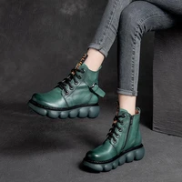 original design women leather short boots female botas platform shoes round toe british style side zip green brown aa 98