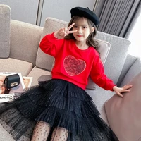 2022 spring teenager baby kids girl clothes autumn heard t shirt hoodie star mesh lace skirt bottom 4 5 6 7 8 9 10 11 12 year