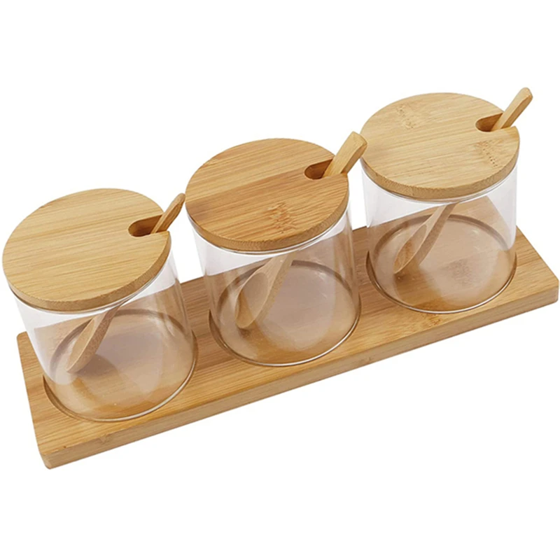 

3 Pcs Clear Glass Jars with Natural Bamboo Lid Spoon Bamboo Stand Canister Storage Containers for Spices Seasoning Sugar Salt