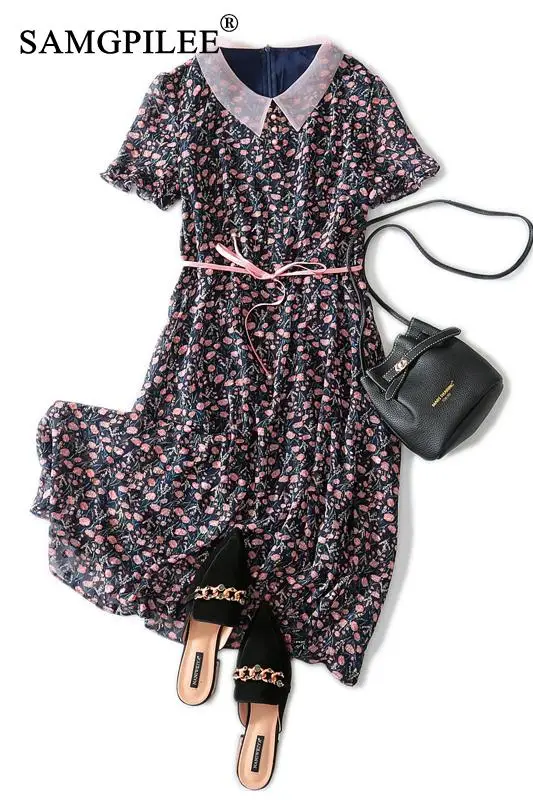 

summer dress women A-line Print Vestido Casual Dress Short Sleeve Sashes Empire Peter Pan Collar plus size Dresses For Women 3XL