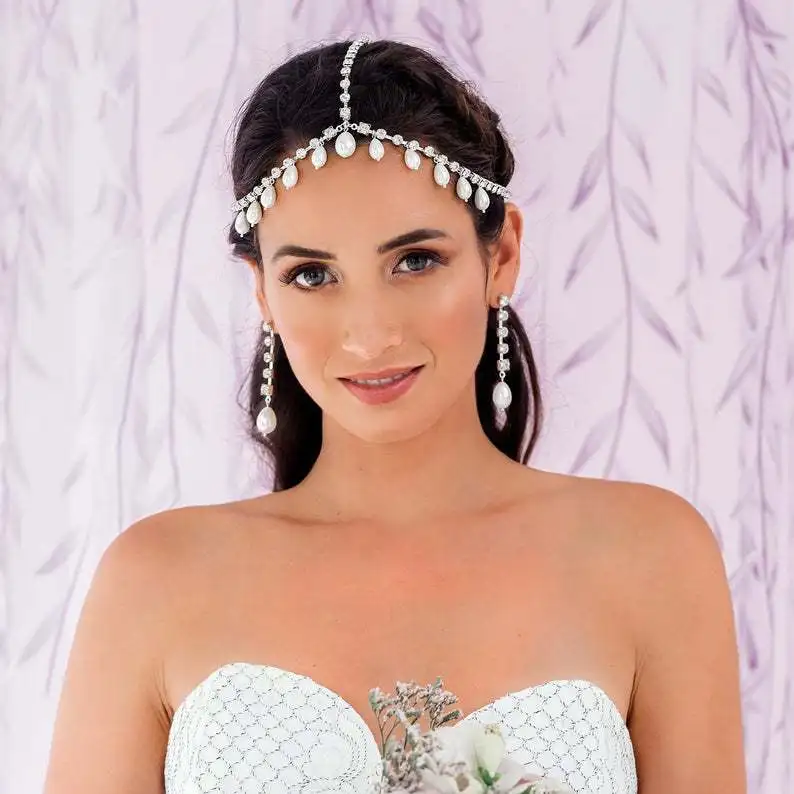 

Fashion Luxurious Exquisite Rhinestone Headdress Pearls Waterdrop Pendant Headpiece Bride Headbands Hair Chain Accessories