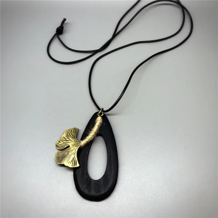 Древний зеленый кулон Любителя кофе овальный деревянный лист Гинкго Ожерелье