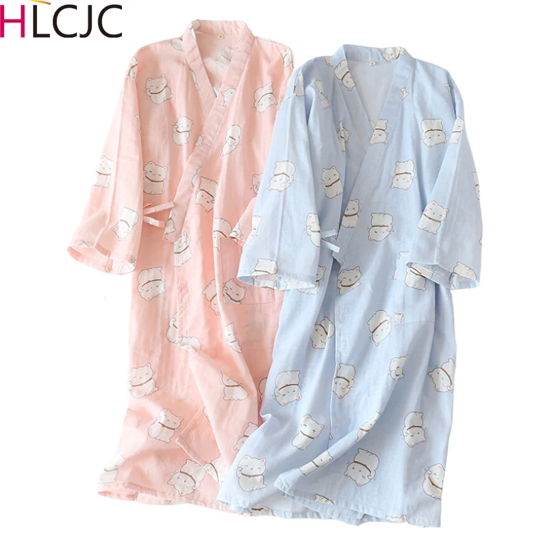 Летний женский трикотажный халат из 100% хлопка с милыми кошками|Комплекты халатов