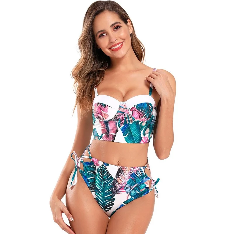 

2021 Sexy Two-Pieces Bikini Set Women Swimsuit Floral Push-Up Padded Bra High Waist Leaf Print Swimwear Bodysuit Bathing Suit
