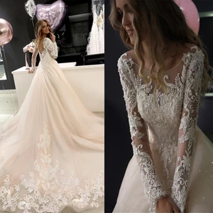 New Arrivals Long Lace Wedding Dresses With Long Sleeves High Quality Lace O Neck Bridal Dresses Robe De Mariee Real Video New Arrivals Long Lace Wedding Dresses With Long Sleeves High Quality Lace O Neck Bridal Dresses Robe De Mariee Real Video