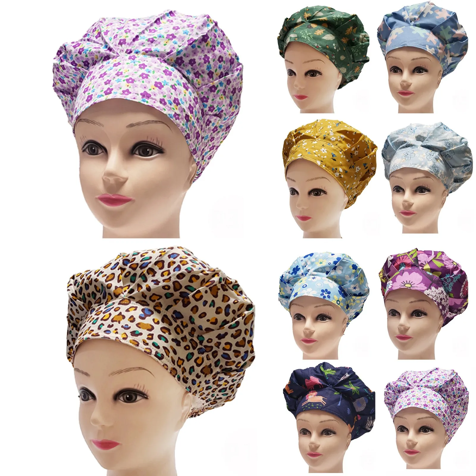 

Fashion printing work caps for men and women puffy caps printing work nurse cap cotton bandage adjustable beauty work cap