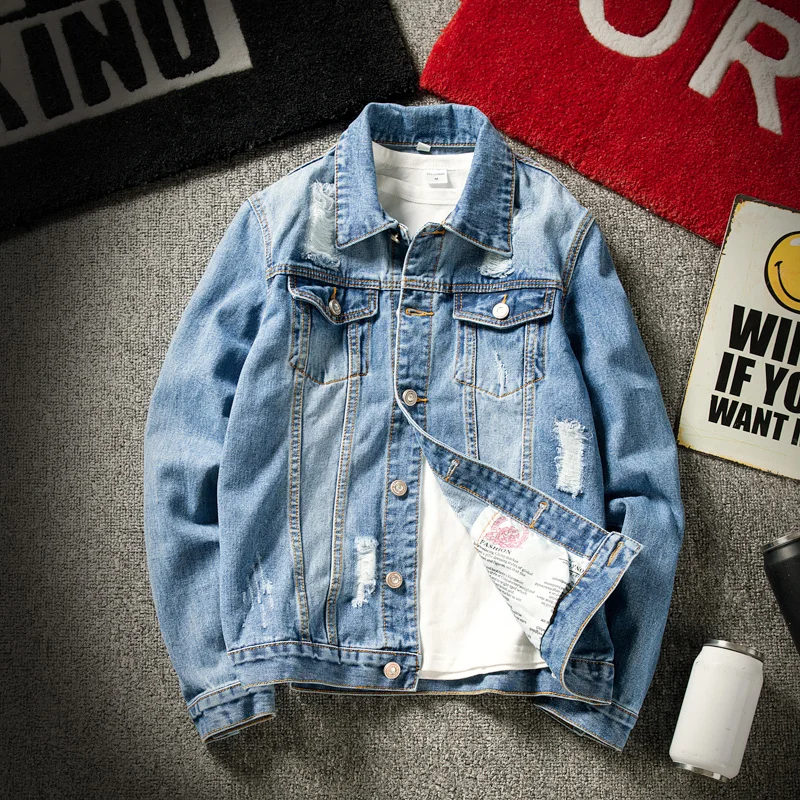 Мужская джинсовая куртка с дырками Корейская версия трендовая ветровка большого