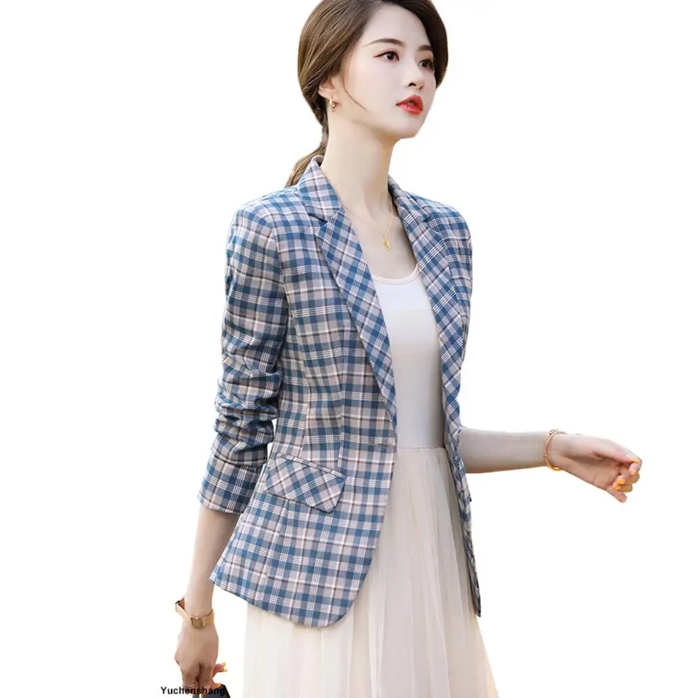 

Woman Khaki Blue Plaid Blazer Suit Autumn Winter Outwear Casual Oversize Blazers for Women Formal Suit Jacket Female Fashion