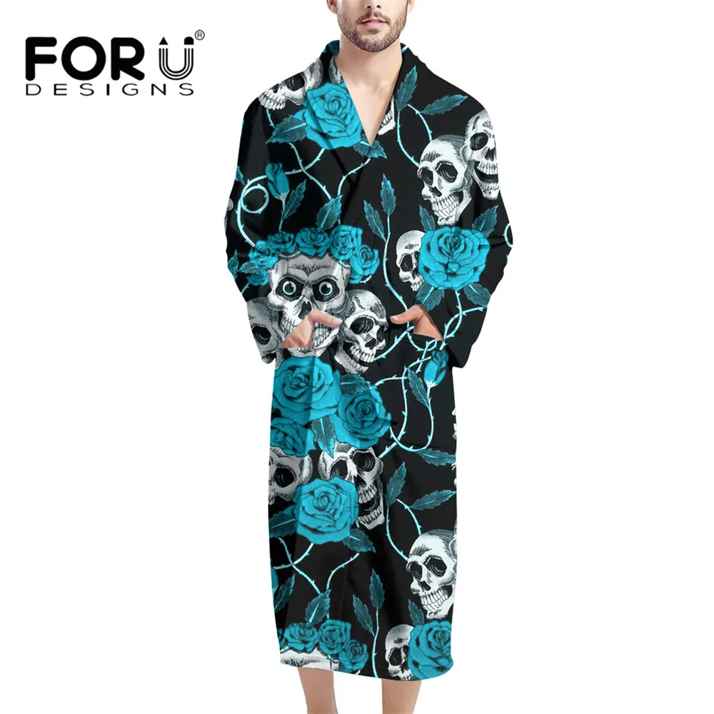 

FORUDESIGNS Blue Gothic Skull With Flower Kimono For Male Warm Shaggy Flannel Bathrobe Dressing Gown With Waist Belt кимоно