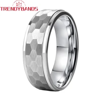 8mm tungsten carbide engagement rings wedding bands hammered stepped edges brushed finish comfort fit
