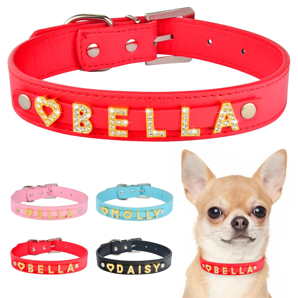 

DIY Bling Personalized Dog Collar Rhinestones Leather Free Name Small Medium Pet