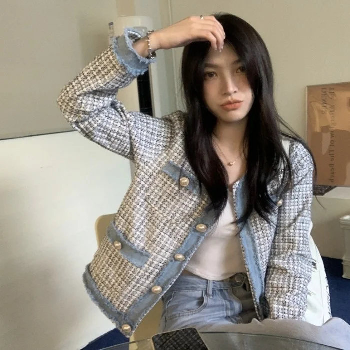 Tweed Tassel Edge Short Stitching Coat 2021autumn Retro Casual Fashion Top Women Rac | Женская одежда