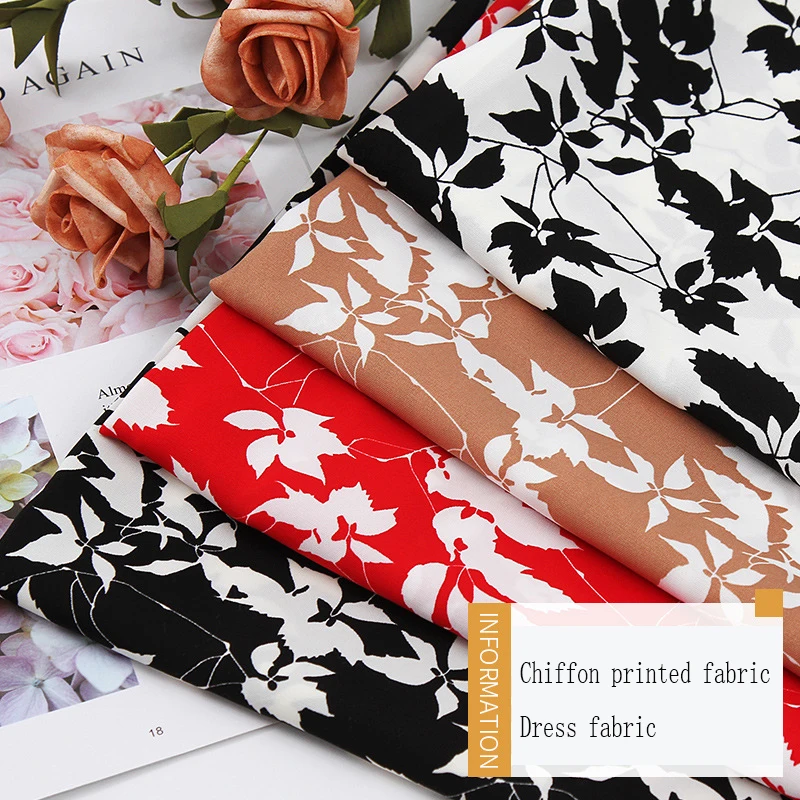 

Black beige printed chiffon fabric shirt dress trousers apparel fabric, according to the meter