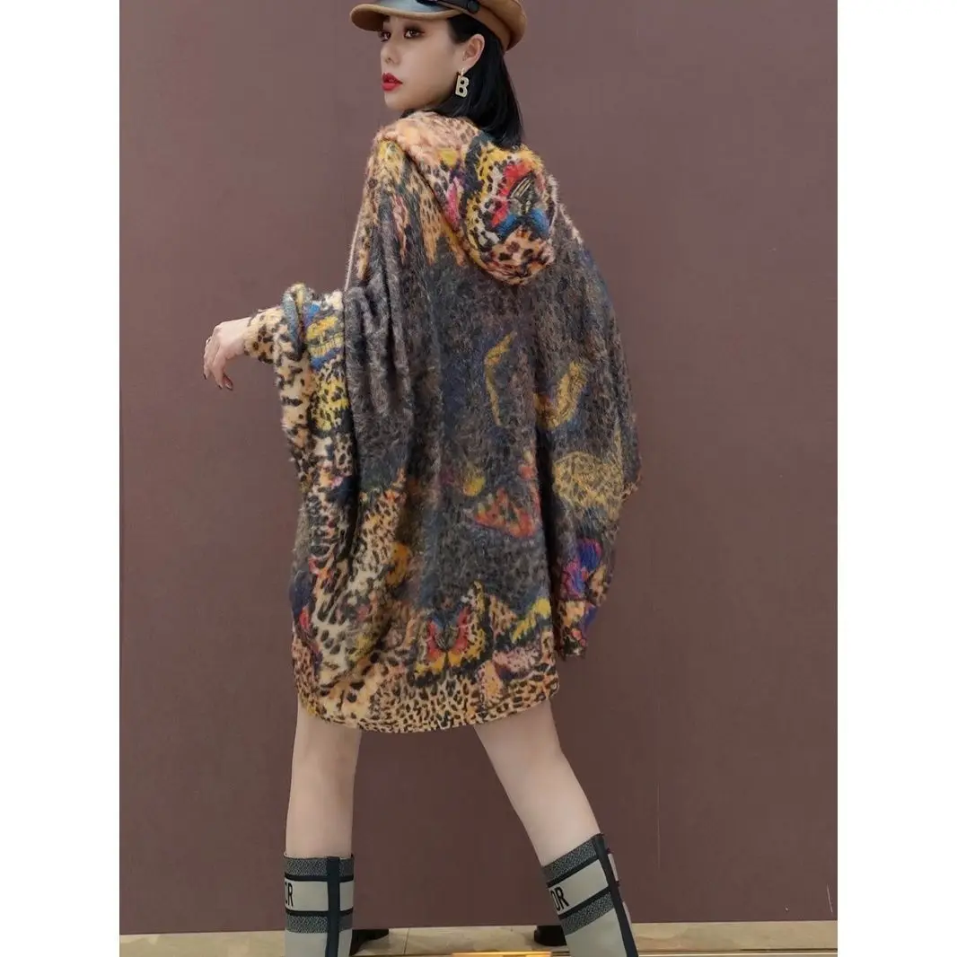 

DUOFAN Autumn Winter Female Sweater Hoodies Sun Flower Leopard Printed Women Sweatshirt Mink Cashmere Oversized Woman Cardigan