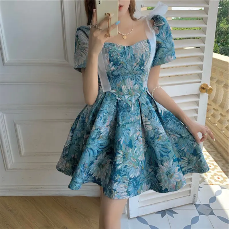 

Summer new style Monet's garden light luxury first love retro gentle court oil painting temperament waist puffy dress female