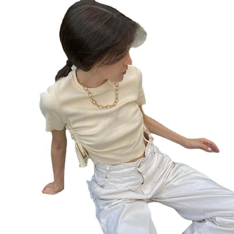 

Женская модная Однотонная футболка с боковым шнурком, сексуальный облегающий пуловер в европейском и американском стиле, короткий топ