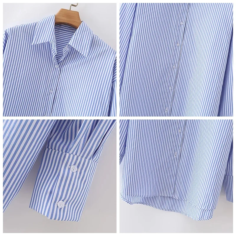

MosiMolly 2021 Trendy Blue Striped Blouses Shirt Tops Women Button Down Oversize Blouses Female