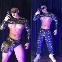 men sexy camouflage suit half top shorts stage wear pole dance clothing nightclub dj gogo costume clubwear rave outfit xs3056